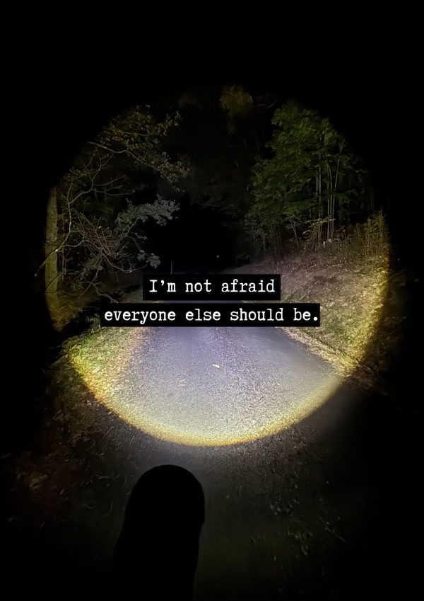 Poster mörker är en mörk skogsväg upplyst av en cirkelformad ficklampsstråle, omgiven av träd och buskar. Texten "I'm not afraid, everyone else should be." är placerad i mitten av bilden.